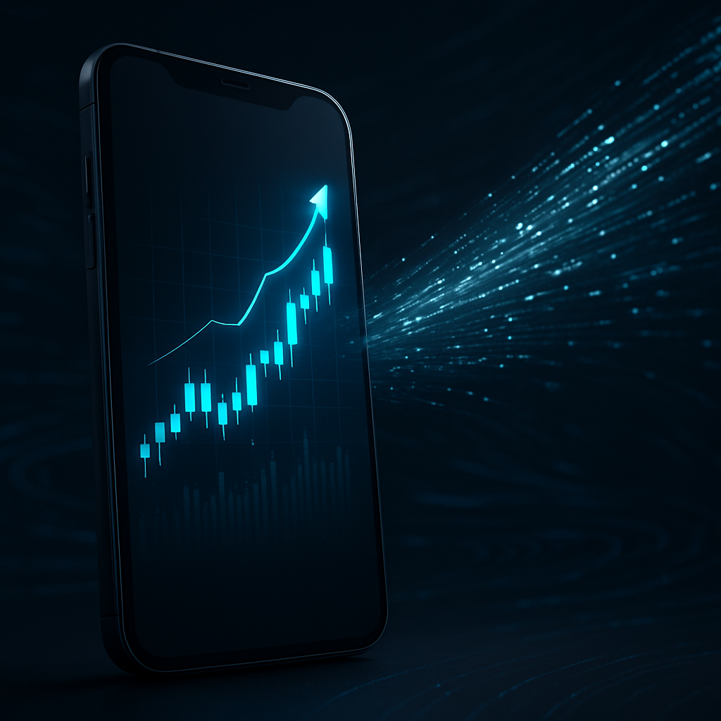 Smartphone com gráfico financeiro subindo